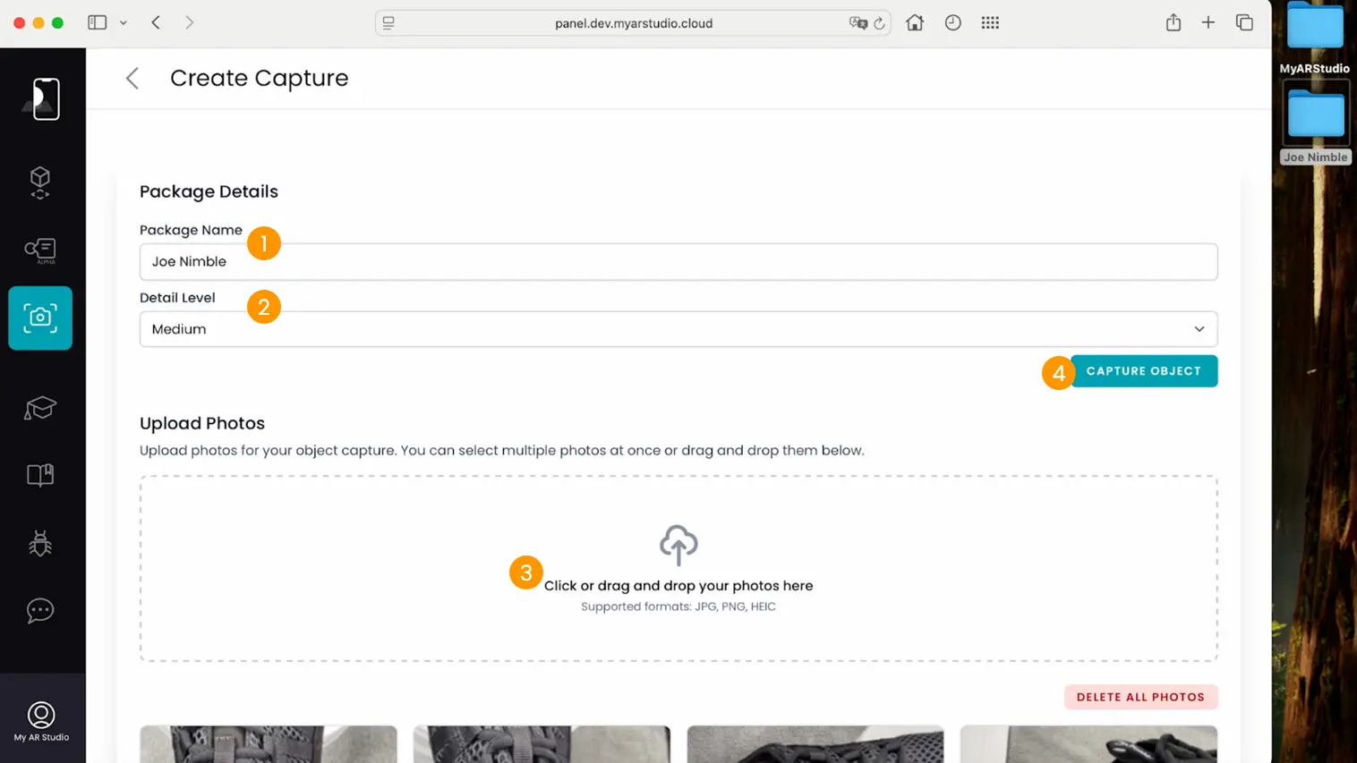 Object Capture web page: photo upload and Object Capture parameter settings Object Capture web page: photo upload and Object Capture parameter settings