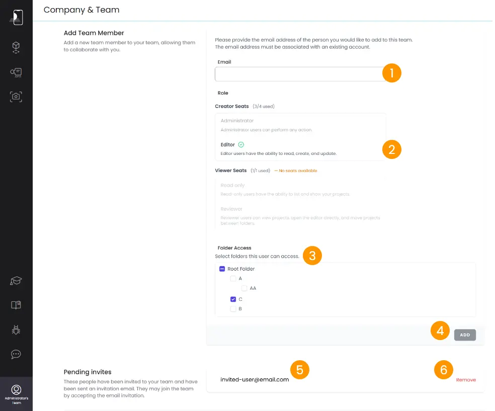 Invite members in the Team section in My AR Studio